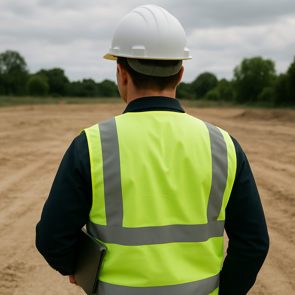 a person in a hard hat and high vis vest out on a site visit No building or construction there yet I want to see the person from the back no faceholdi