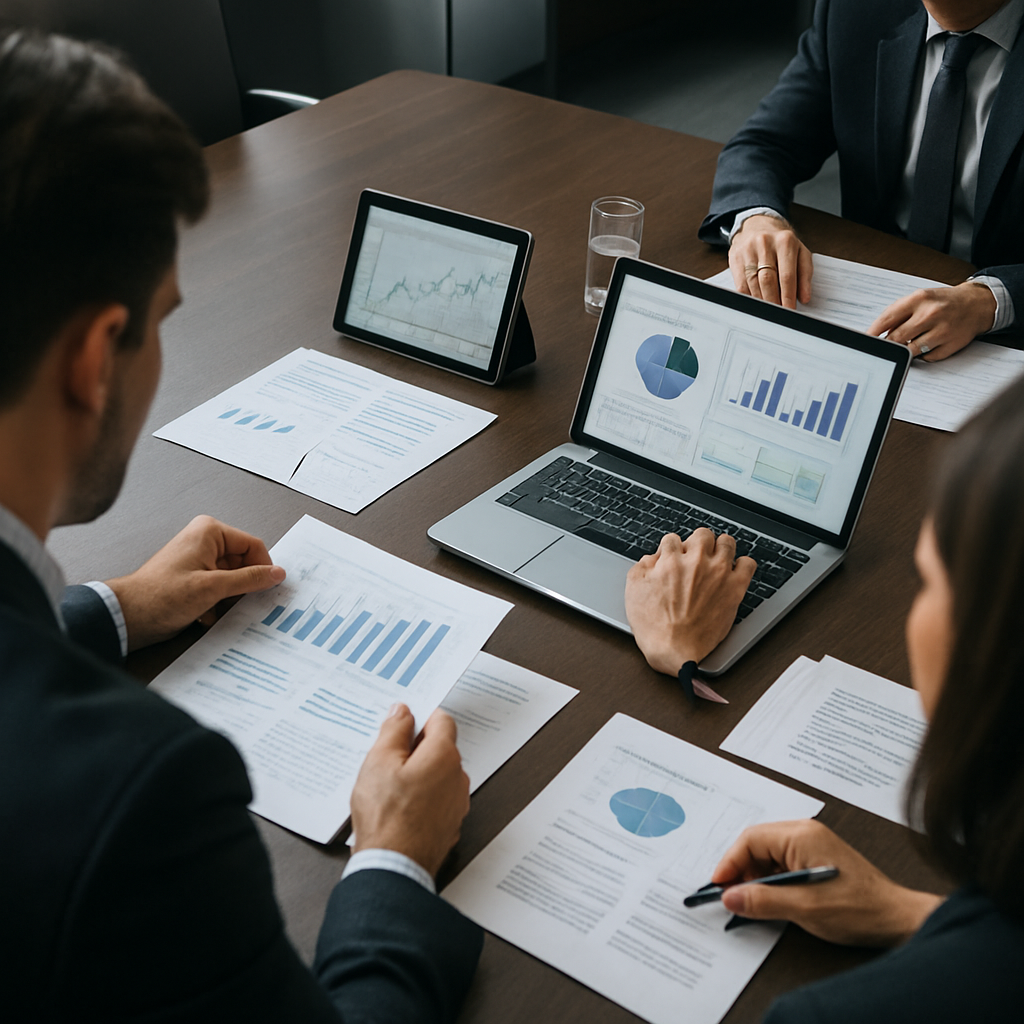 people working arounf a table you cant see theyre faces you are just peaking over their shoulders there are papers and screens boardroom style-1