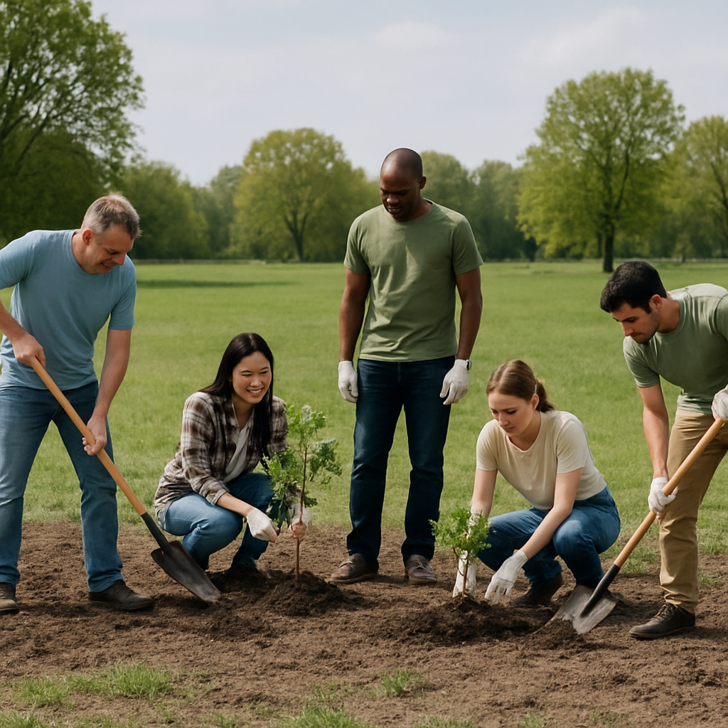 a photo taken from further away of 5 people from different bacgkrounds and genders planting trees the picture is taken from at least 7 metres away Some are digging some are assessing the situation and some are planting trees in the soil The ground is-1